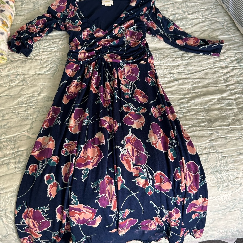 Maeve Blue and Pink Wrap Midi Dress with Bishop Sleeves